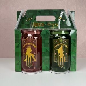 -Themed Ruby Red & Emerald Green Glass Tumbler Set with Straws